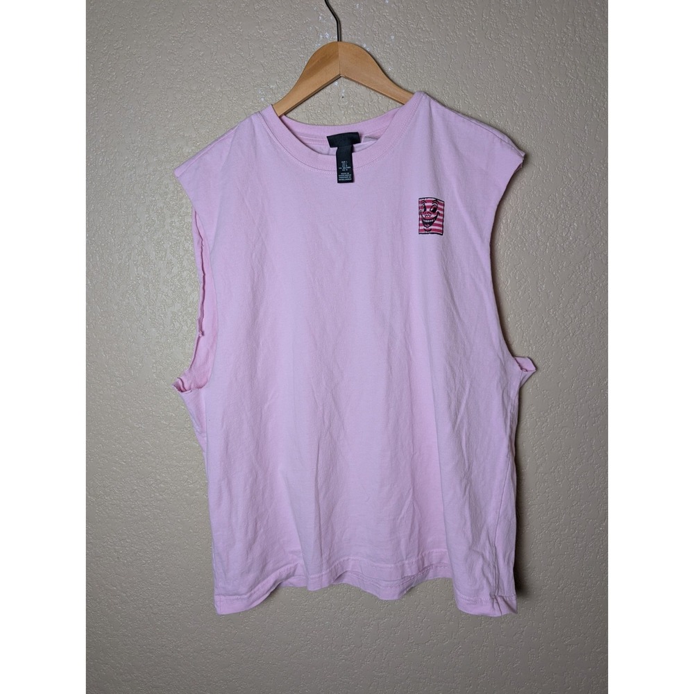 H&M x Keith Haring Cut Sleeves Pink Relaxed Fit T-Shirt L Distressed Workout